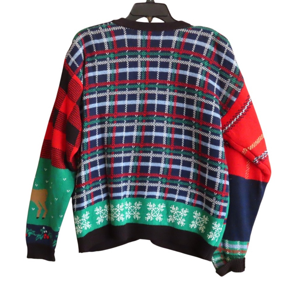 VTG SWEATER LOFT Christmas Cardigan COLORBLOCK PLAID SANTA Heart Buttons SIZE L - Picture 6 of 7